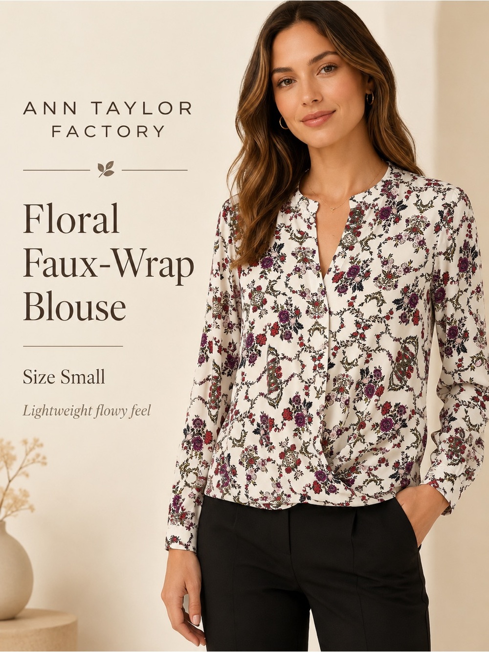 Ann Taylor White Floral Wrap-Style Blouse with‎ Pink & Red Blooms